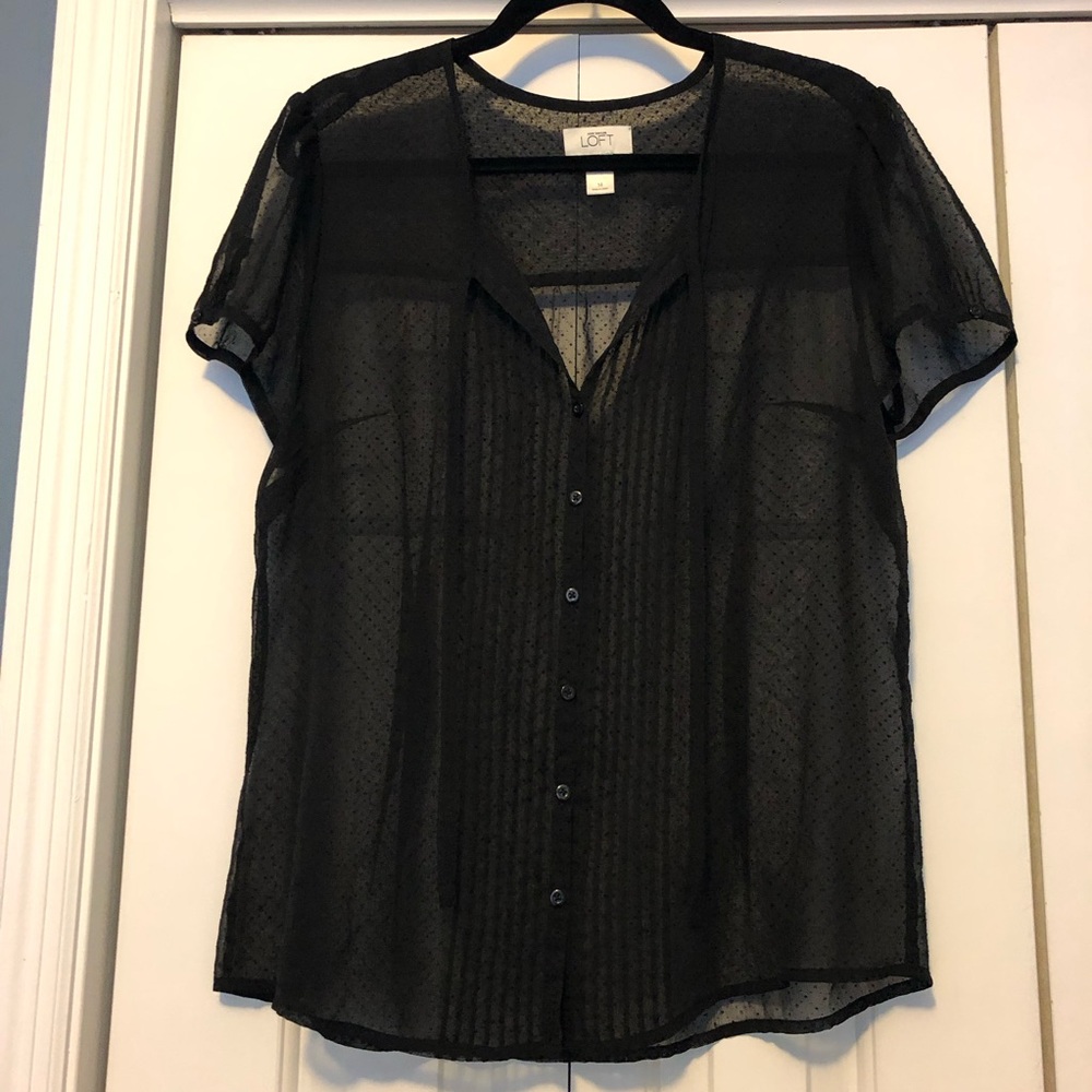 Ann Taylor LOFT Black sheer blouse short sleeves dotted design button front 14